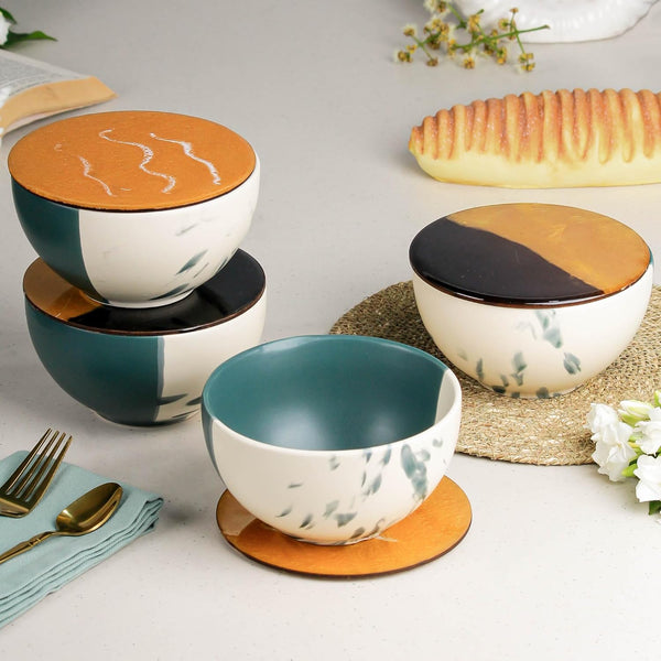 Teal Italian Ceramic Bowl with Lid Set of 4