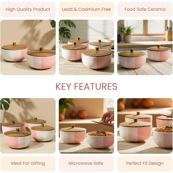 Tritone Pink Matte Ceramic Bowl Set with Wooden Lids (4 Pcs)