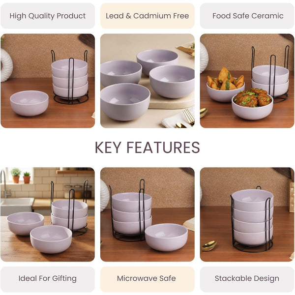 Solid Lavender Ceramic Bowl Set of 4 with Metal Stand