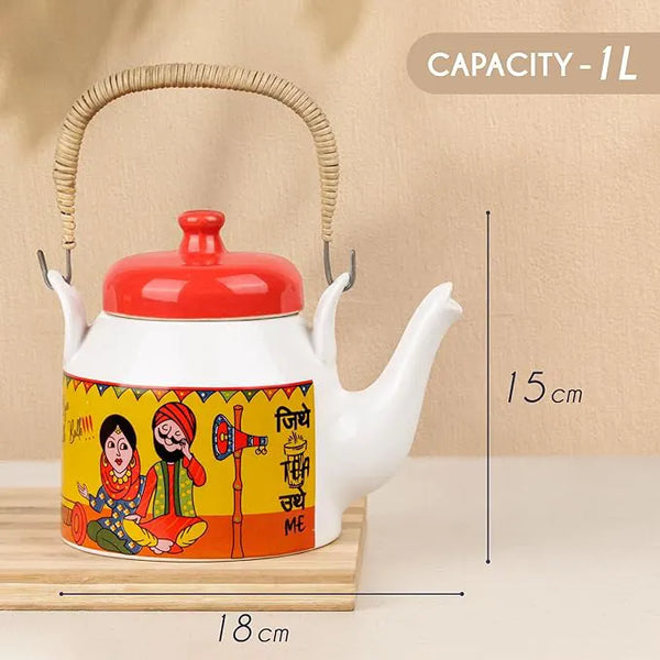 Traditional Punjabi Ceramic Tea Set – “Jitthe Tea Utthe Me” Kettle with 6 Tea Glasses