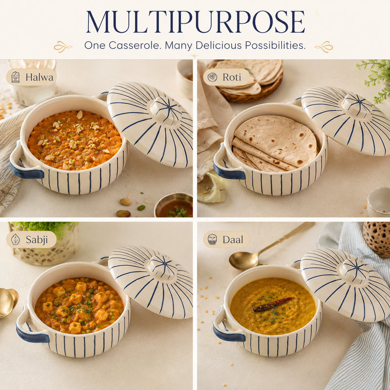 Blue Stripe Ceramic Casserole with Lid, 900ml