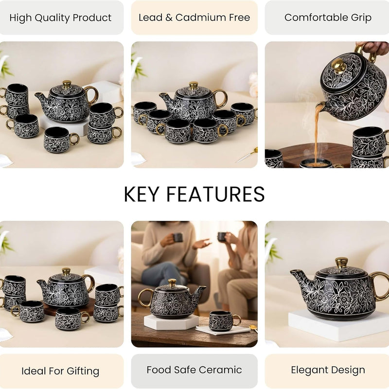 Black Artvine Ceramic Tea Set with Kettle & 6 Cups