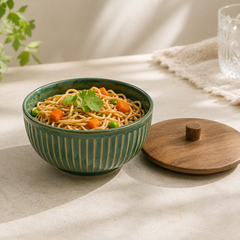 Glam Green Ceramic Bowl Set with Wooden Lids (4 Pcs)