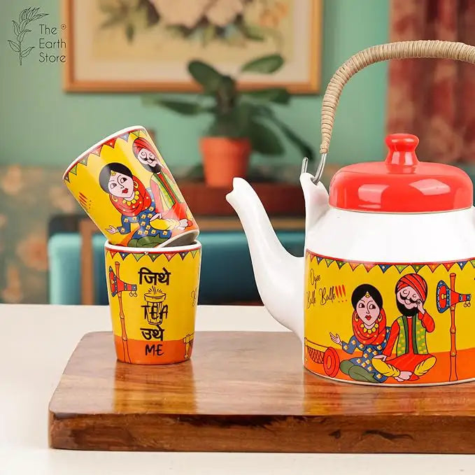 Traditional Punjabi Ceramic Tea Set – “Jitthe Tea Utthe Me” Kettle with 6 Tea Glasses