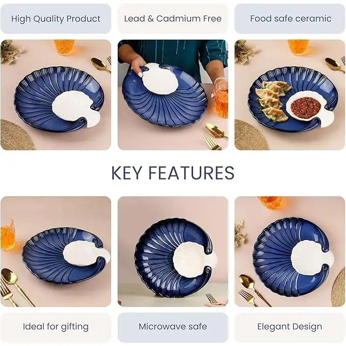 Blue Sea Shell Ceramic Chip and Dip Serving Platter