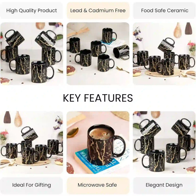 Black Copper Pipe Ceramic Coffee Mugs Set of 6