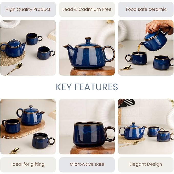 Premium Navy Blue Glaze Ceramic Tea Set | Kettle & 2 Cups