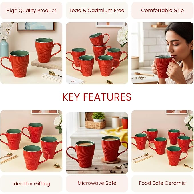 Red Fusion Wave Ceramic Mugs Set of 6