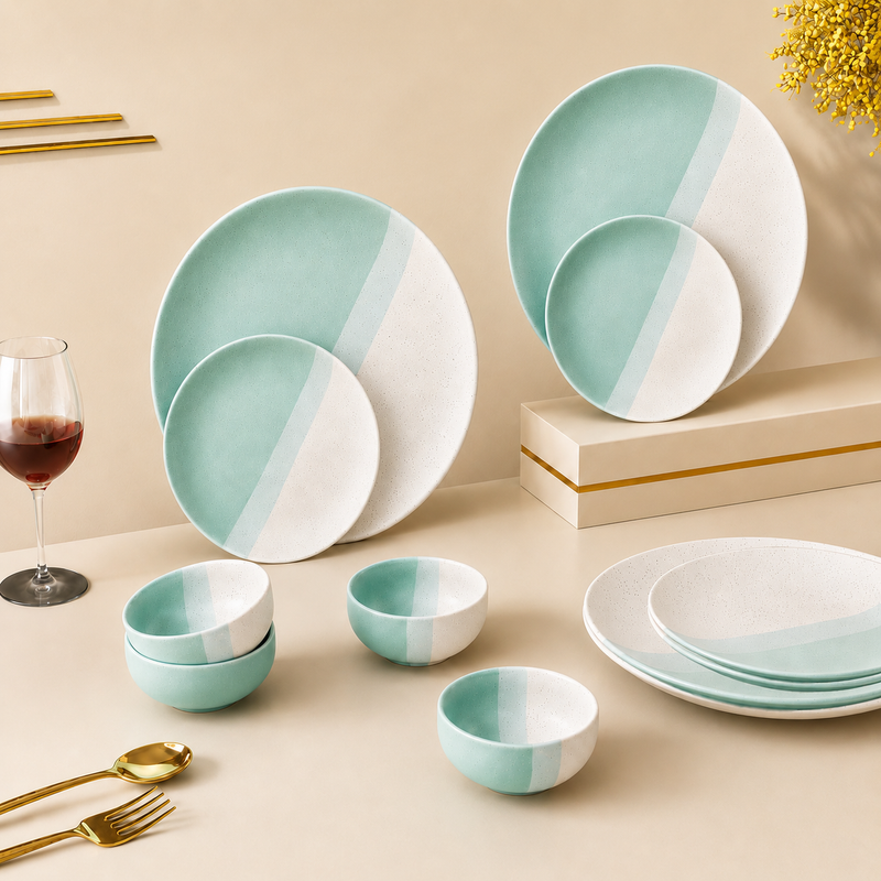 TT Green Matte Ceramic Dinner Set 12 Piece for Family of 4