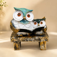 Wisdom & Learning Owl Pair Sculpture on Rustic Bench