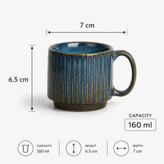 Glam Blue Fringe Stackable Ceramic Tea Cup Set of 6, 160 ML