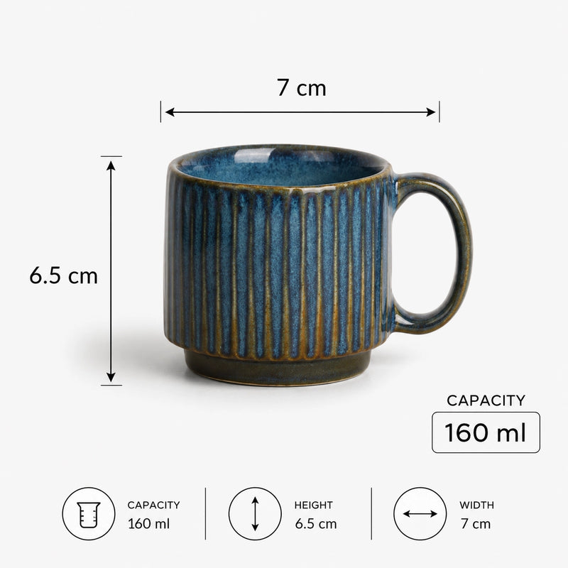 Glam Blue Fringe Stackable Ceramic Tea Cup Set of 6, 160 ML