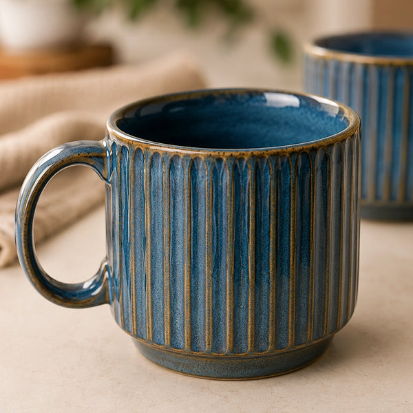 Glam Blue Fringe Stackable Ceramic Tea Cup Set of 6, 160 ML