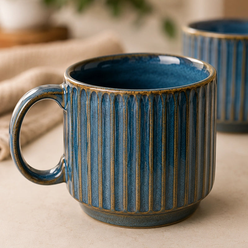 Glam Blue Fringe Stackable Ceramic Tea Cup Set of 6, 160 ML