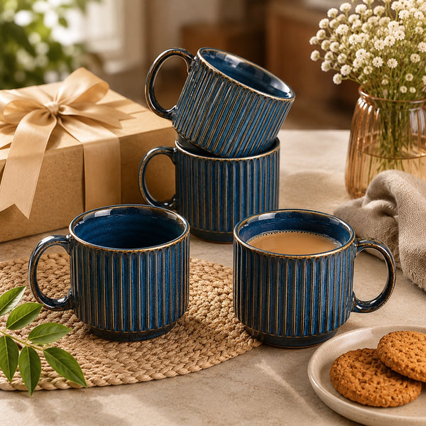 Glam Blue Fringe Stackable Ceramic Tea Cup Set of 6, 160 ML