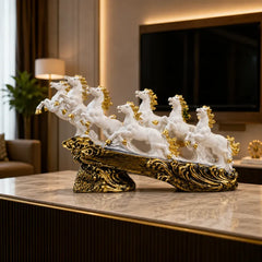 Majestic White & Gold Galloping 7 Horse Sculpture