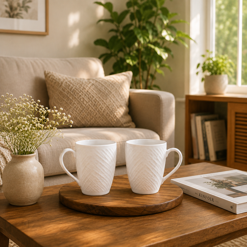 White Check Ceramic Coffee Mugs Set of 6
