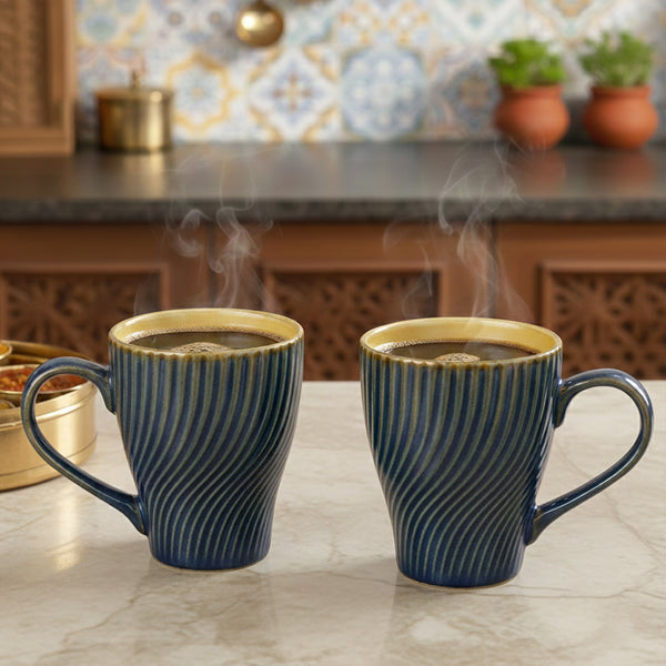 Blue Fusion Wave Ceramic Mugs Set of 6 (300ML) – Microwave Safe