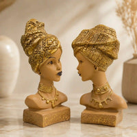 Artistic African Lady Sculptural Bust Pair – Decorative Gold Statues Set of 2