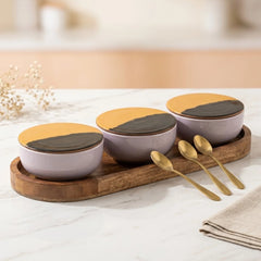 Solid Lavender Ceramic Bowls Serving Set – 3 Bowls, 3 Coaster, 3 Spoon and 1 Tray