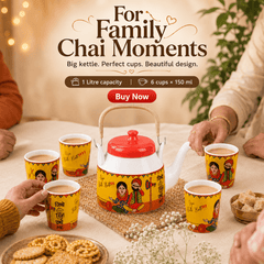 Traditional Punjabi Ceramic Tea Set – “Jitthe Tea Utthe Me” Kettle with 6 Tea Glasses