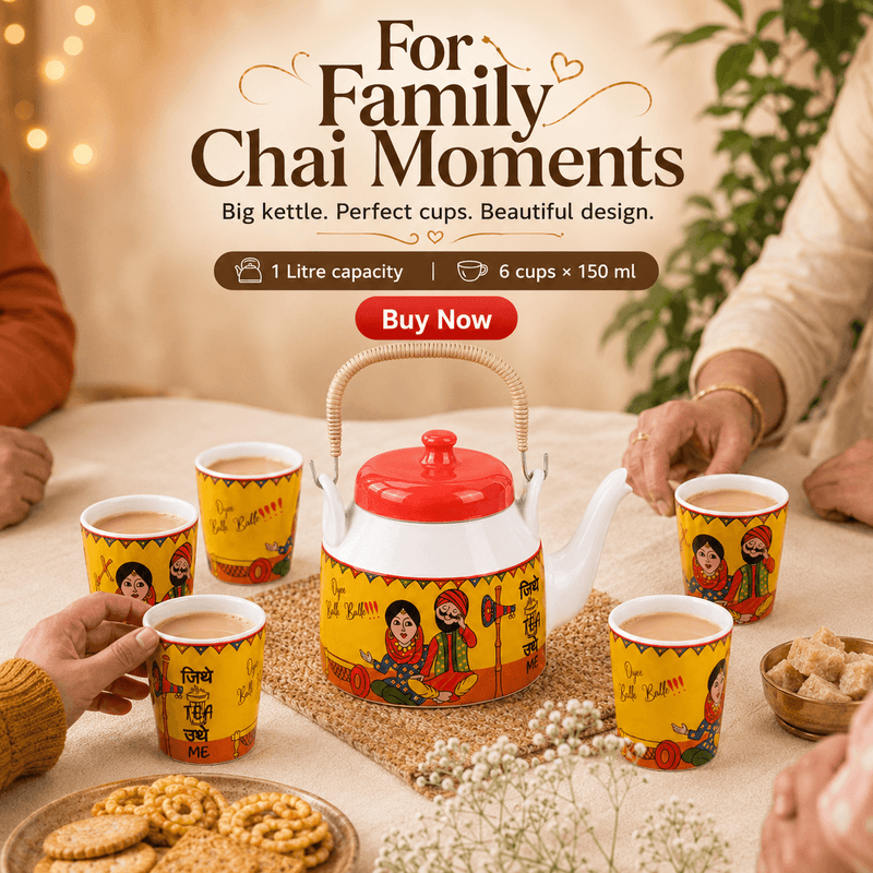 Traditional Punjabi Ceramic Tea Set – “Jitthe Tea Utthe Me” Kettle with 6 Tea Glasses
