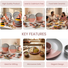 Grey Pink Ceramic Dinner Set - 30 Piece Family Dining Set