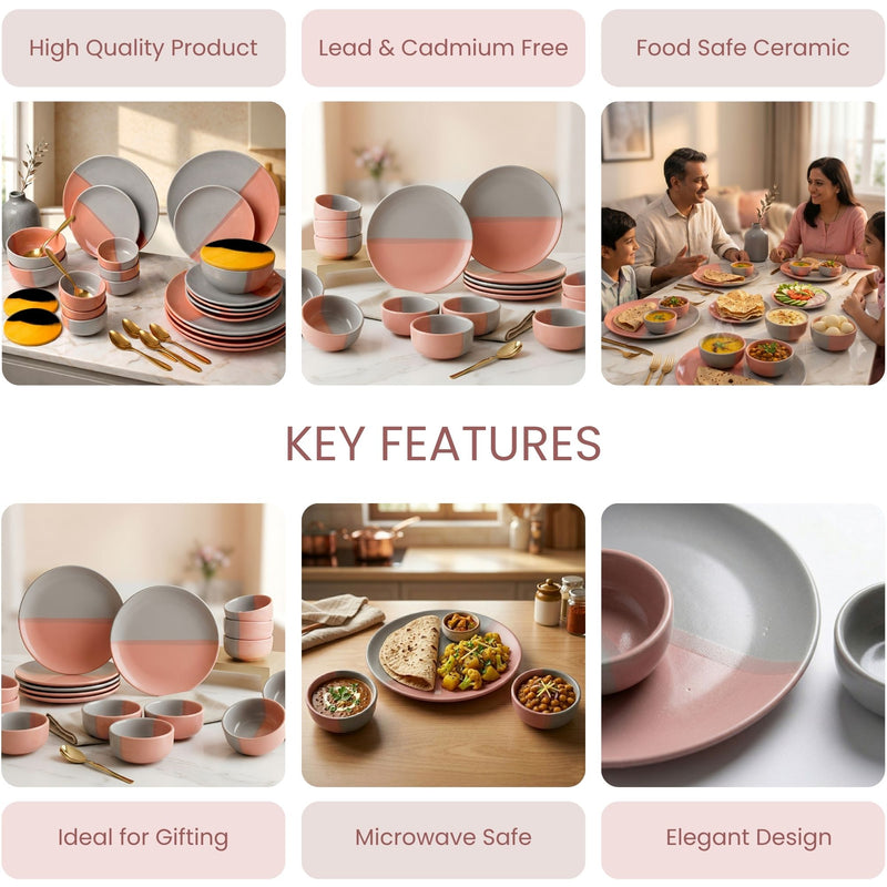 Grey Pink Ceramic Dinner Set - 30 Piece Family Dining Set