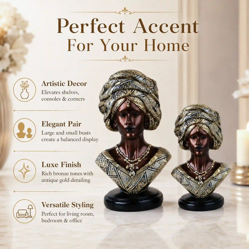 Majestic Bronze & Blue Sculptural Bust Pair (Set of 2)