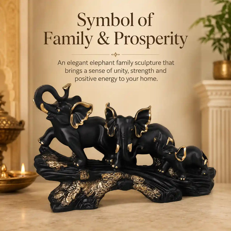 Majestic Black & Gold Elephant Family Sculpture