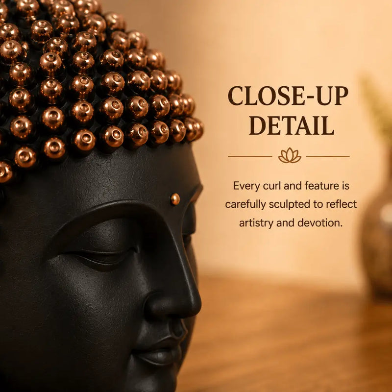 Serenity Buddha Head Sculpture – Matte Black & Copper