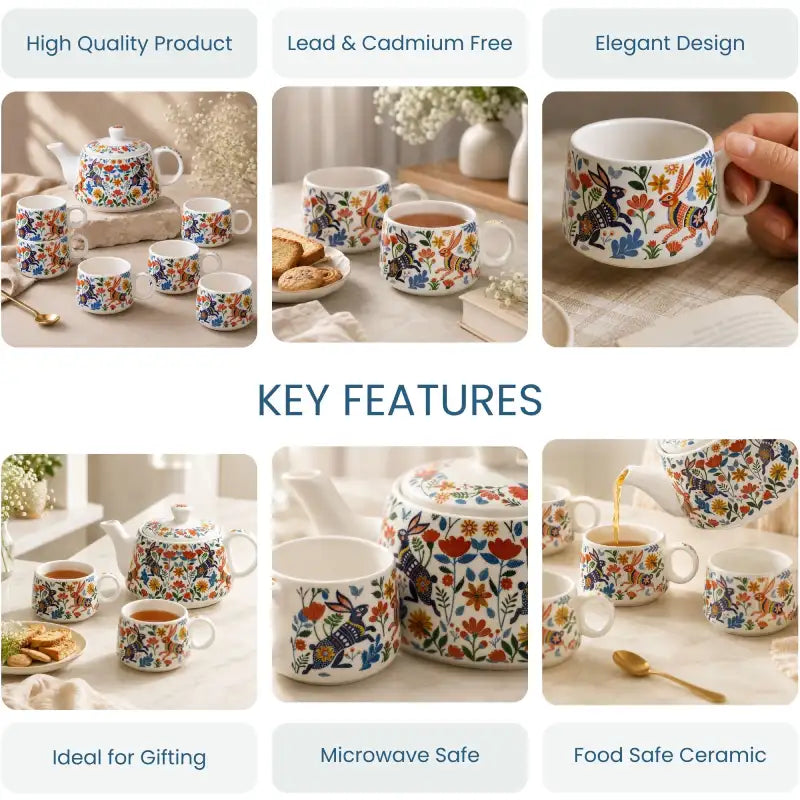 Bunny Floret Morning Tea Set: 1000ML Teapot & 6 Cups (150ML)