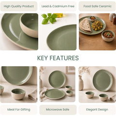 Organic Green Ceramic Dinner Set - 24 Piece Plates & Bowls Set