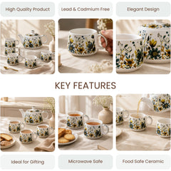 Botanical Meadow Ceramic Tea Set – 1000ML Teapot & 6 Cups