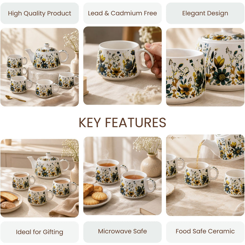 Botanical Meadow Ceramic Tea Set – 1000ML Teapot & 6 Cups