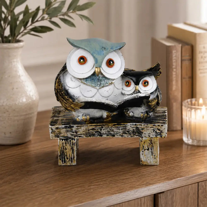 Wisdom & Learning Owl Pair Sculpture on Rustic Bench