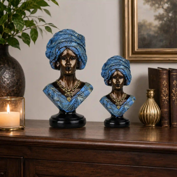 Majestic Bronze & Blue Sculptural Bust Pair (Set of 2)