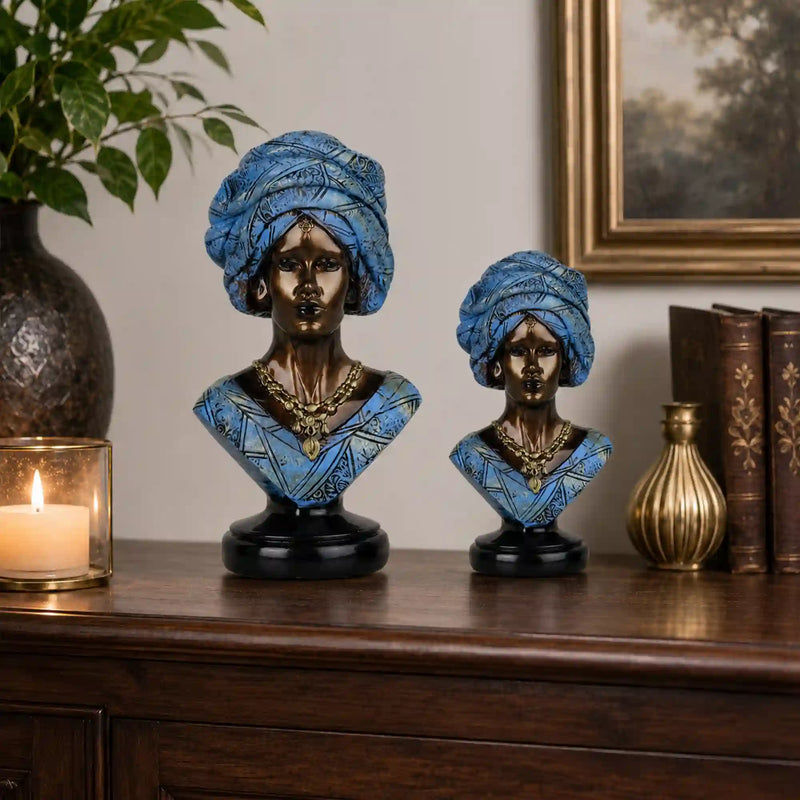 Majestic Bronze & Blue Sculptural Bust Pair (Set of 2)