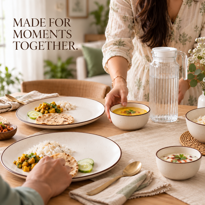 Creme Ceramic Dinner Set (25 Pieces) Service for 6 with 6 Dinner Plates, 12 Bowls, 6 Spoons & 1 Jug