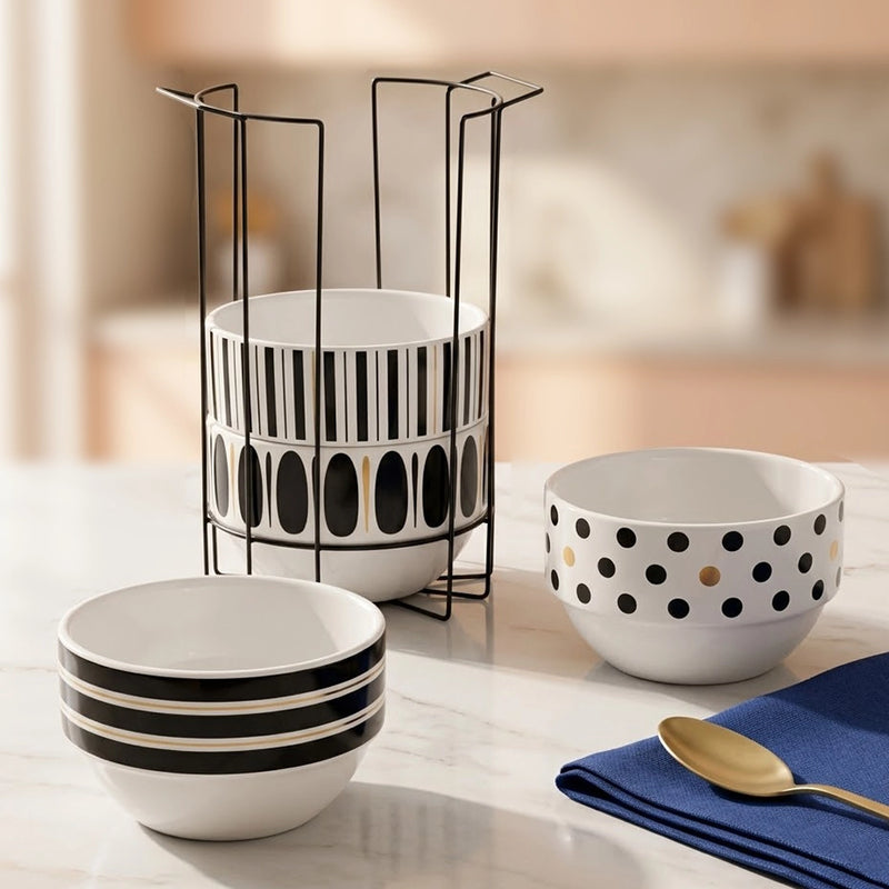 Ink Bliss Ceramic Stackable Bowl Set of 4 with Stand | Space Saver Bowl