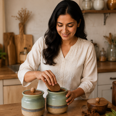 Rustic Green Ceramic Jar Set of 2 (800ML) – Airtight Kitchen Storage Containers & Spice Jars