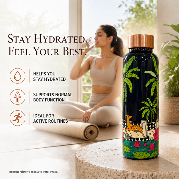 Palm Grove Copper Water Bottle | Pichwai Art Design | 900ml