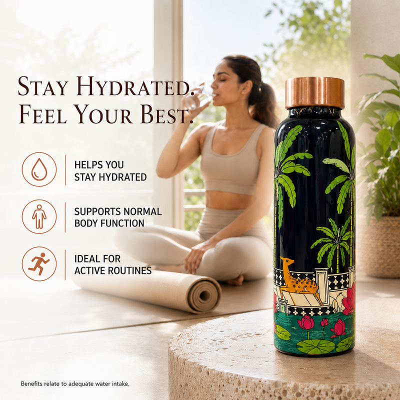 Palm Grove Copper Water Bottle | Pichwai Art Design | 900ml