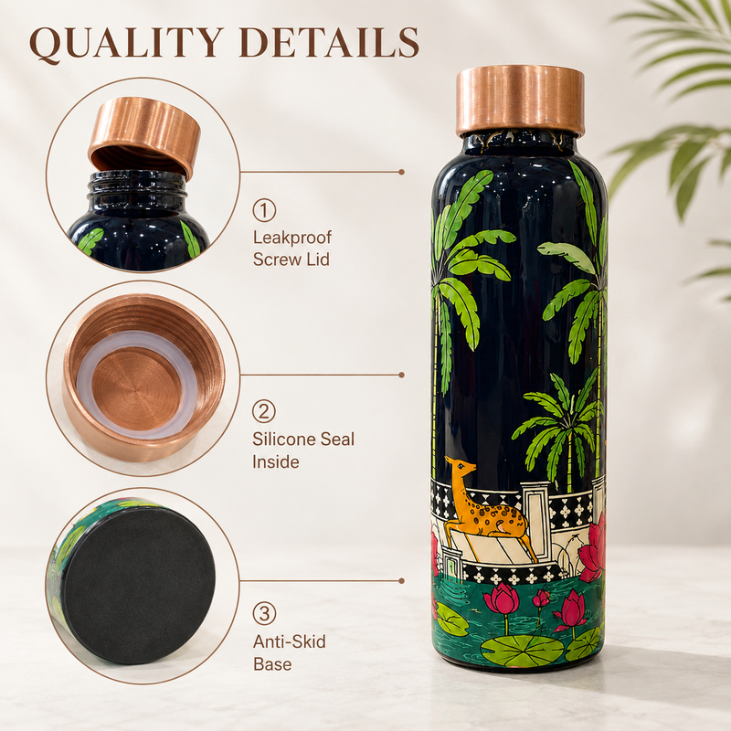 Palm Grove Copper Water Bottle | Pichwai Art Design | 900ml
