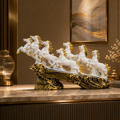 Majestic White & Gold Galloping 7 Horse Sculpture