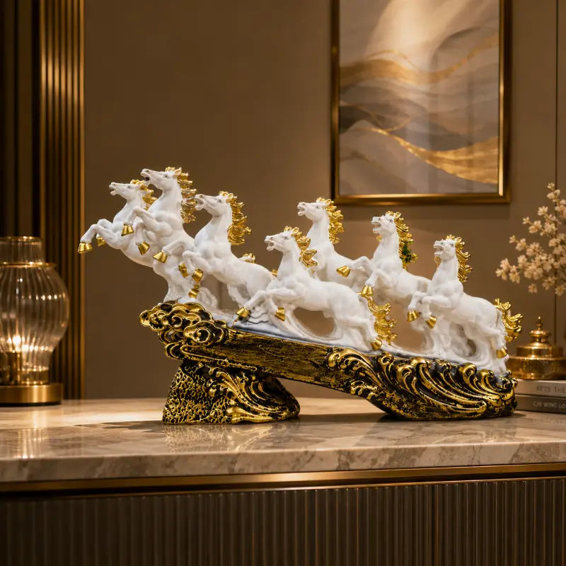 Majestic White & Gold Galloping 7 Horse Sculpture