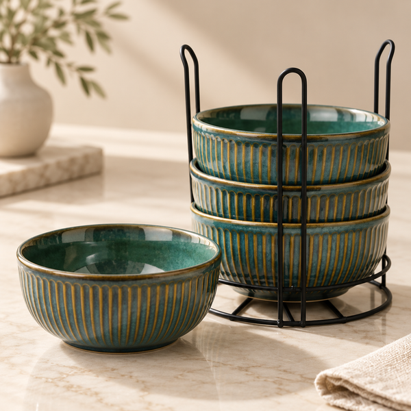 Glam Green Ceramic Bowl Set with Stand (4 Pcs)