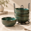 Glam Green Ceramic Bowl Set with Stand (4 Pcs)