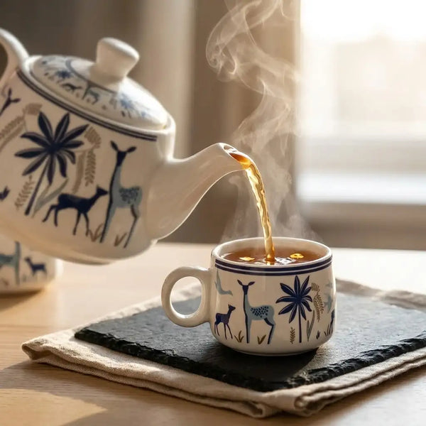 Ceramic Stag Blue Morning Tea Set - 6 Tea Cups, 1 Kettle