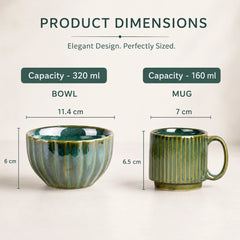 Green Ribbed Ceramic 2 Snack Bowl & 6 Tea Cup Combo